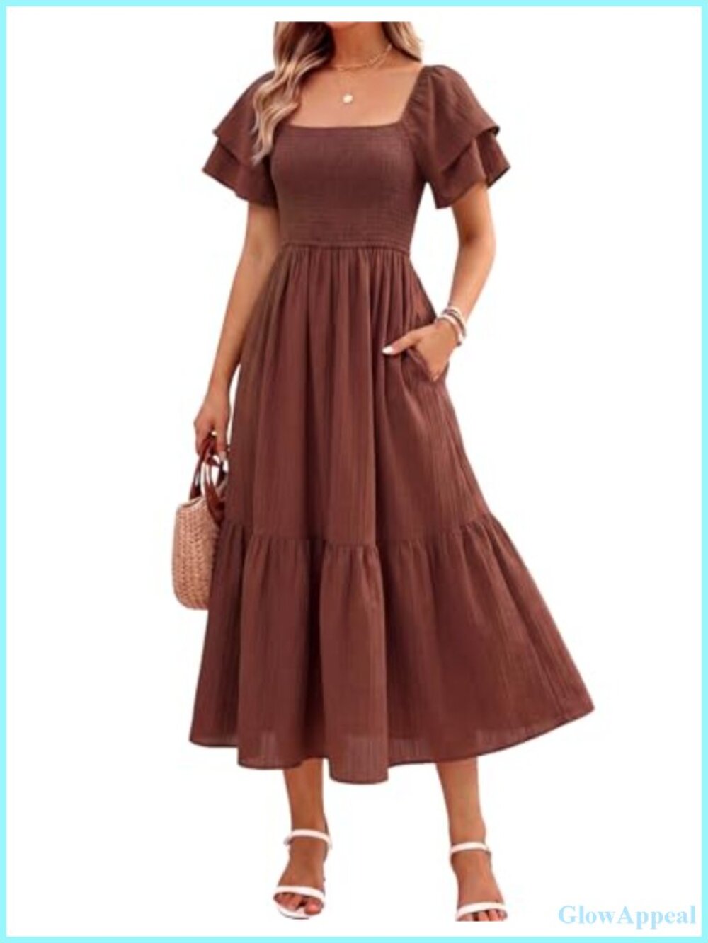 Women's Summer Midi Dress Short Sleeve Square Neck Off Shoulder Ruffle Elastic